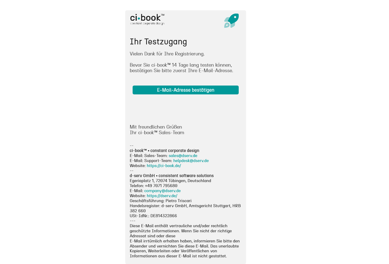 Testzugang • Registrierung • E-Mail-Bestätigung