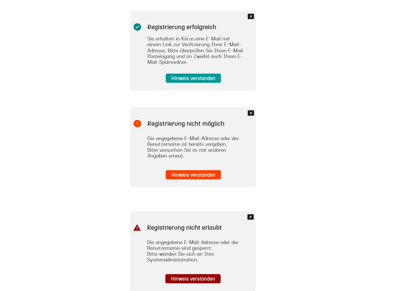 Testzugang • Registrierung • Hinweismeldungen