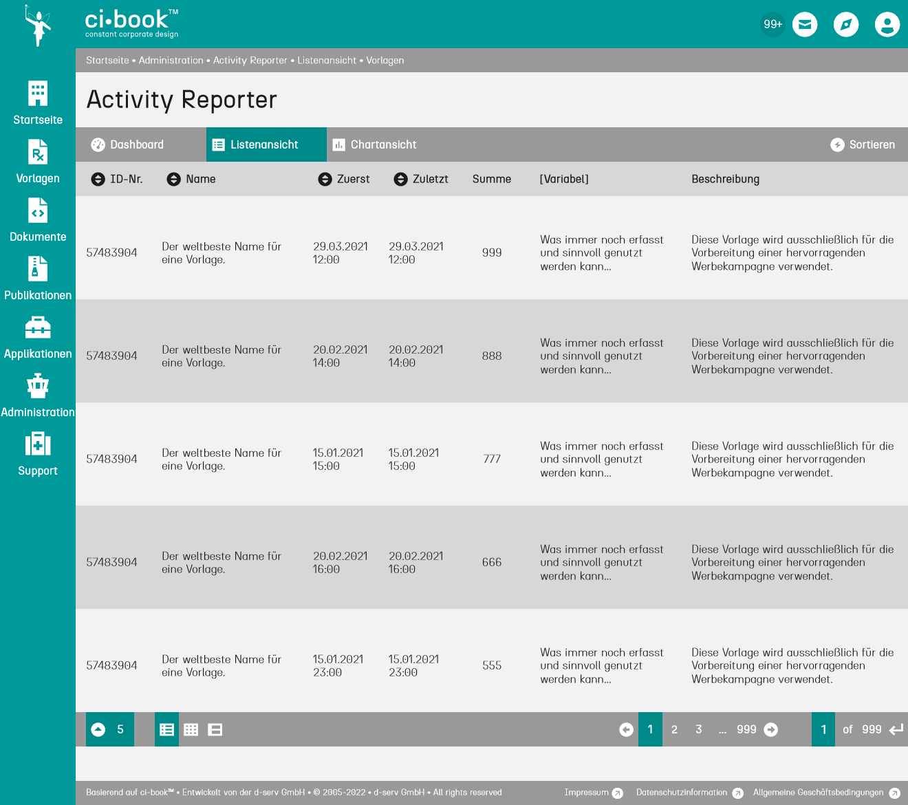 Screenshot der grafischen Benutzungsoberfläche: ci-book™ • Activity Reporter • Listenansicht