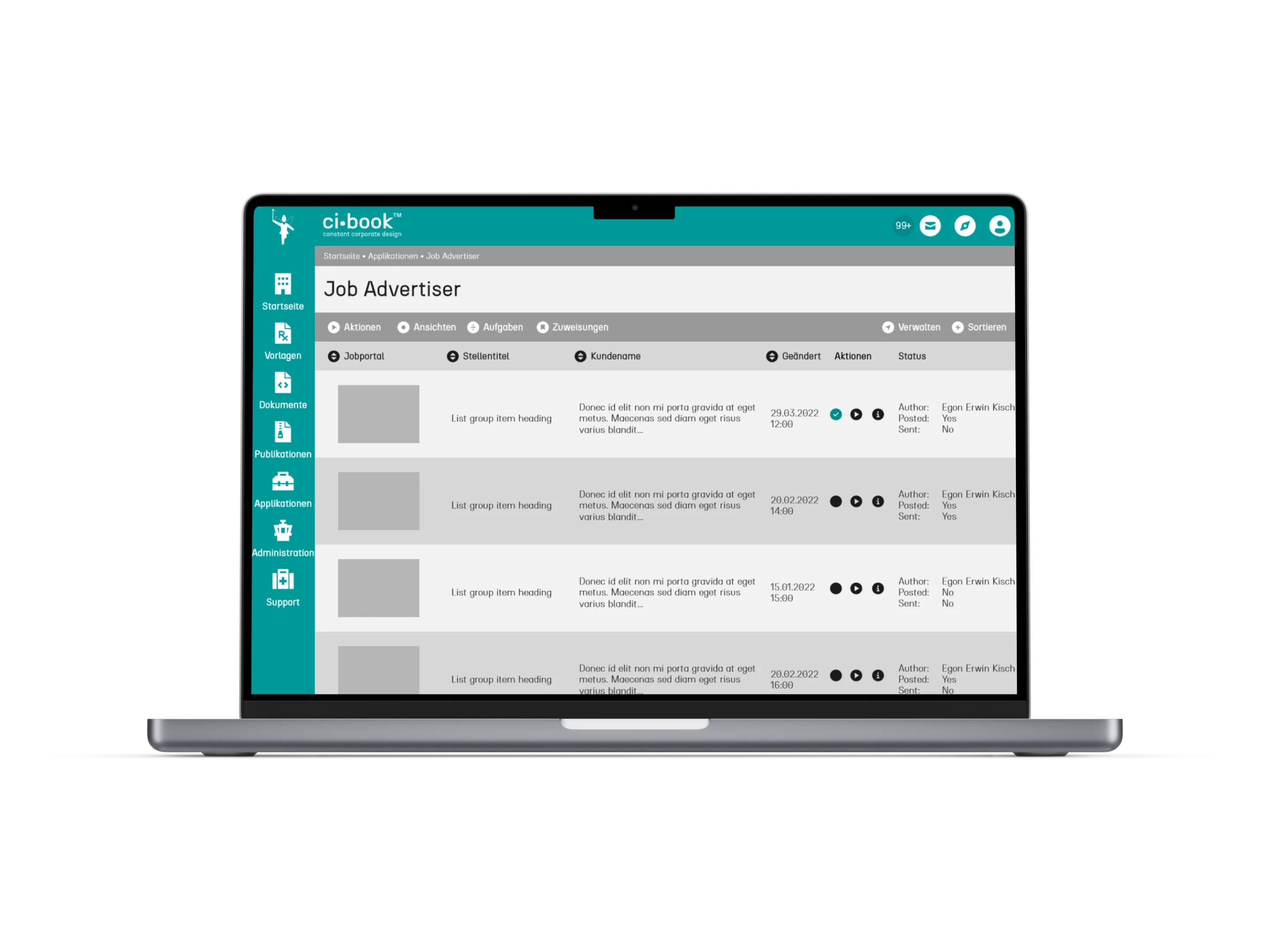 Screenshot vom ci-book™ Job Advertiser innerhalb eines Notebook-Bildschirms
