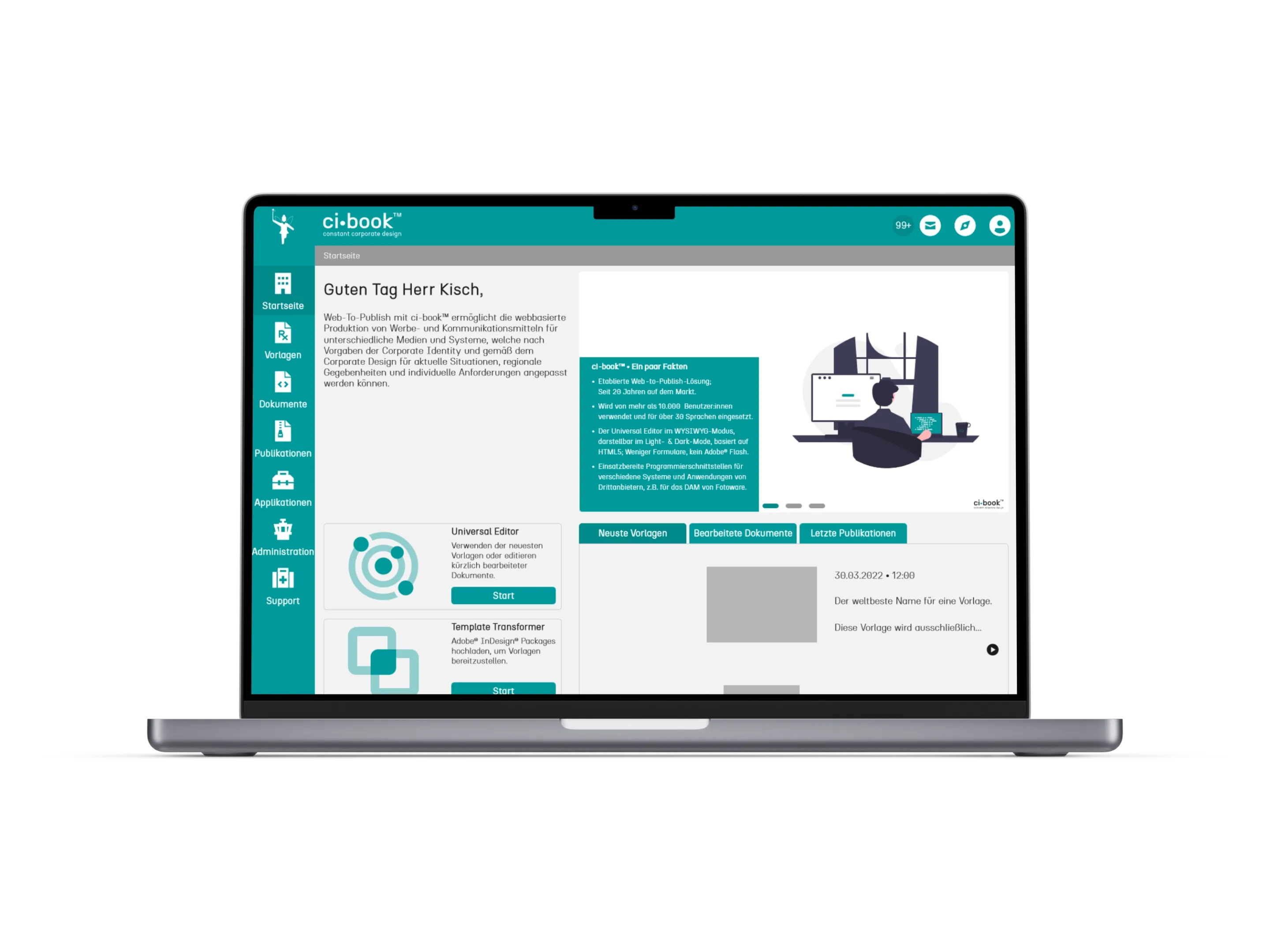 Screenshot der ci-book™ Startseite innerhalb eines Notebook-Bildschirms