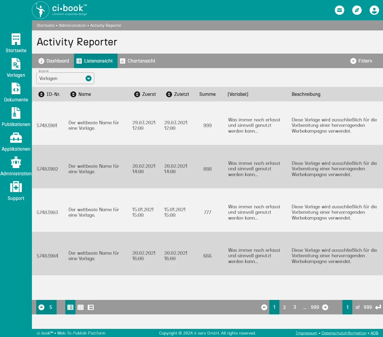 Screenshot der grafischen Benutzungsoberfläche: ci-book™ • Activity Reporter • Listenansicht